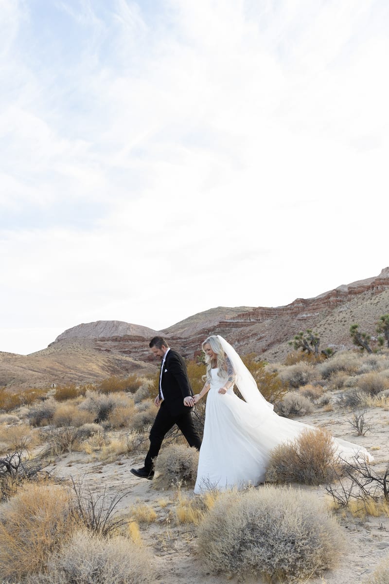 Matthew and Jacinda walk hand in hand through desert scrub at Red Rock Canyon, her veil trailing.